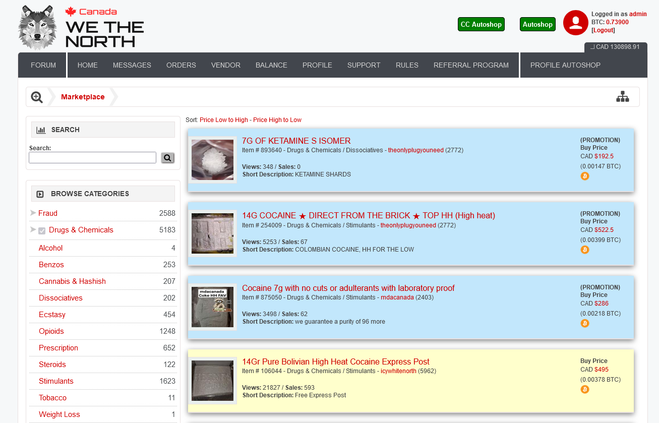 A modern, sleek darknet marketplace dashboard interface with red, white, and black accents, showing product listings, user profiles, and security icons